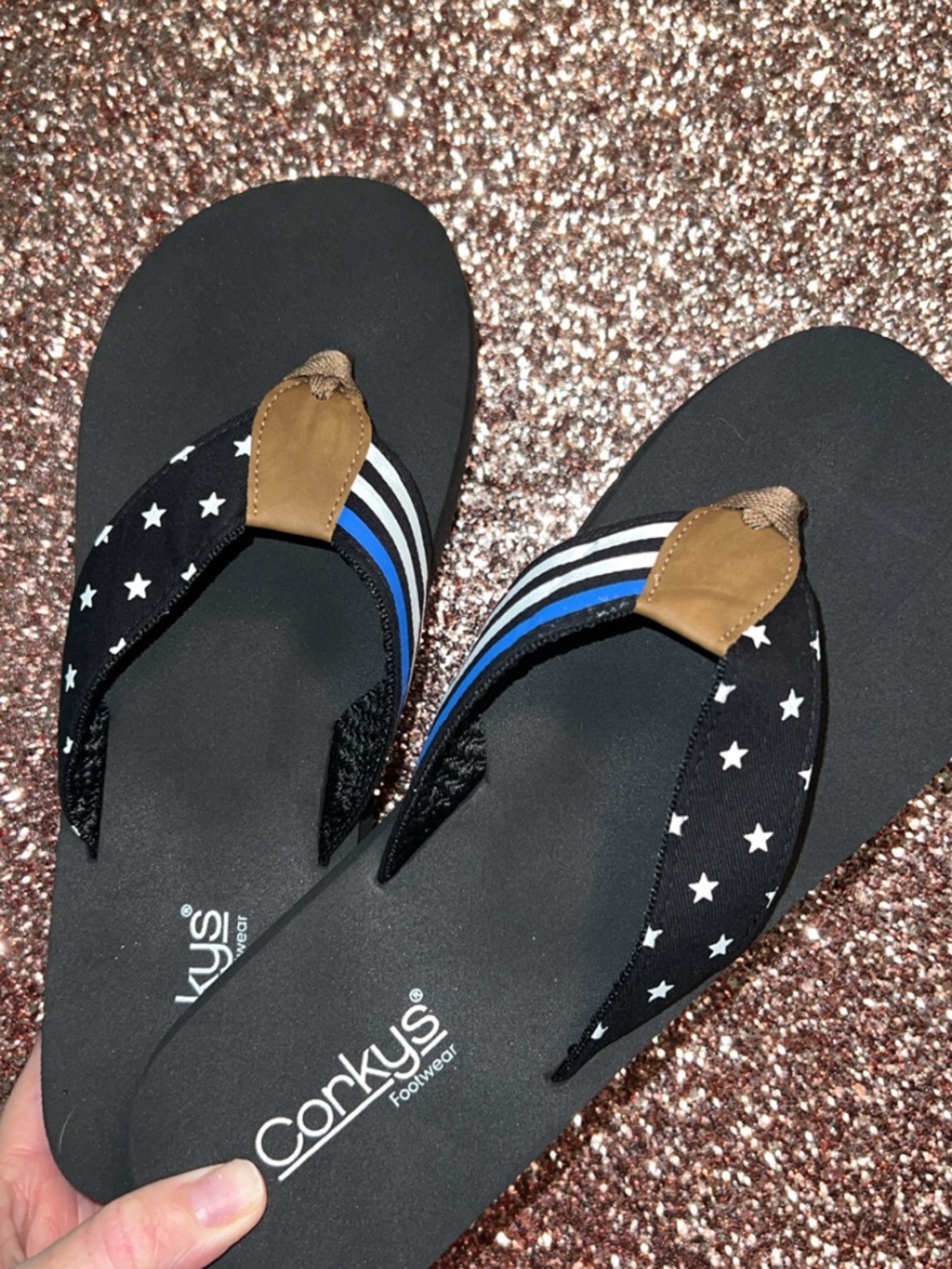 💙NIB 🖤Corkys Black Star Strap Flip Flops with Blue Accent